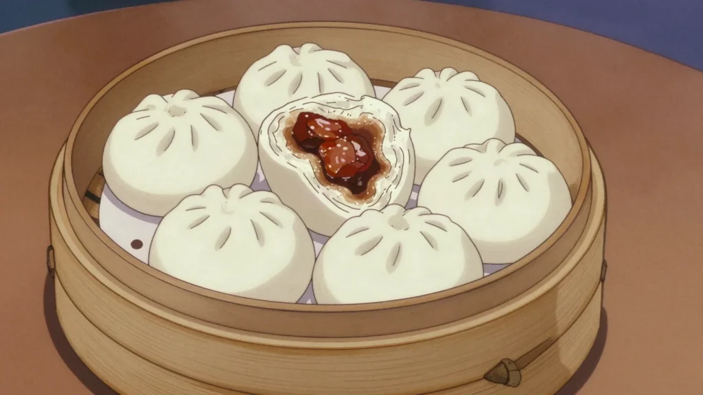 Pow, soft steamed bun filled with sweet-savoury red pork, Trinidad and Tobago snack, anime style