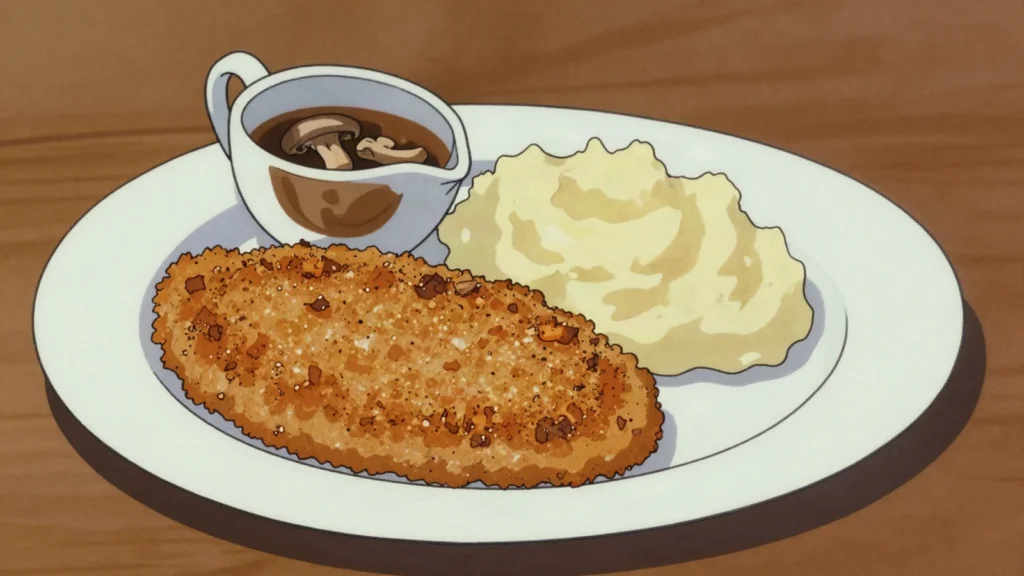 Pozharsky cutlet, breaded minced chicken cutlet, crisp outside and juicy within, Russia main, anime style