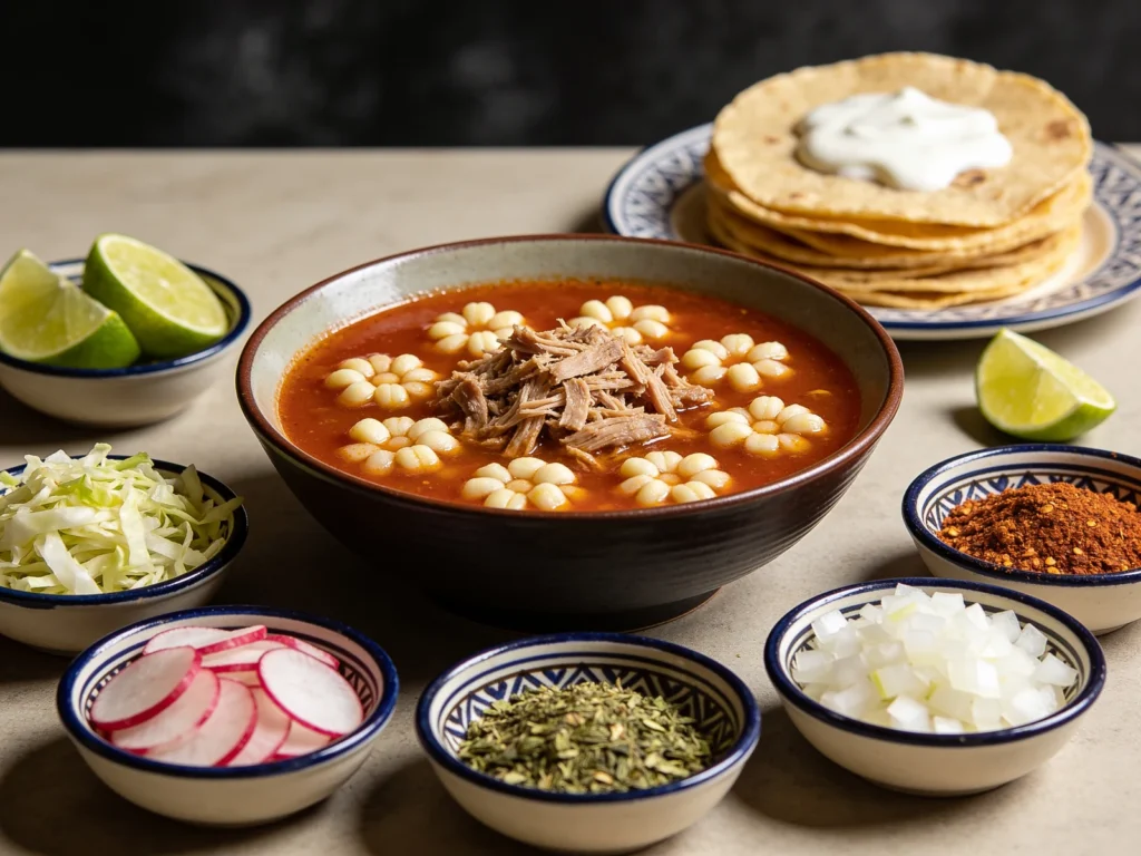 Pozole, hominy and pork soup garnished with radish, cabbage, lime, Mexico soup & stew, anime style