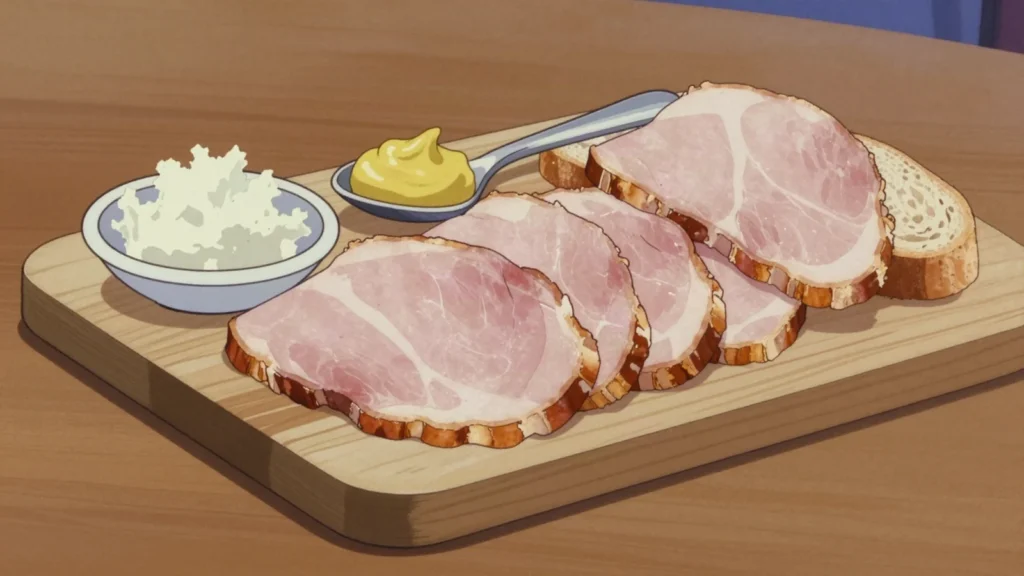 Pražská šunka, mild brined ham smoked over beechwood, carved from the bone, Czechia charcuterie & cured, anime style