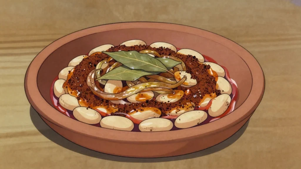 Prebranac, baked beans and caramelized onions, lenten staple, Serbia main, anime style