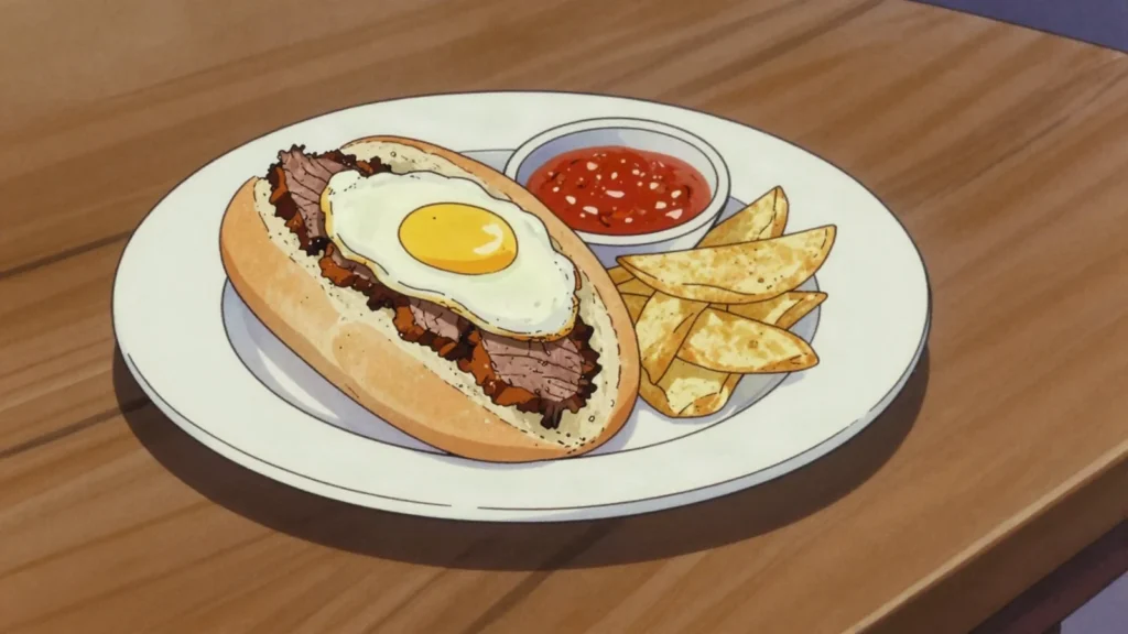 Prego no pão, garlicky steak sandwich in a Portuguese roll, Mozambique street food, anime style