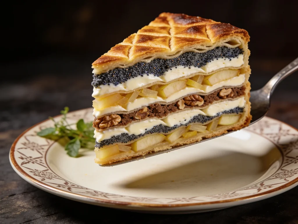 Prekmurska gibanica, layered pastry of poppy seed, walnut, apple, cottage cheese, Slovenia dessert, anime style