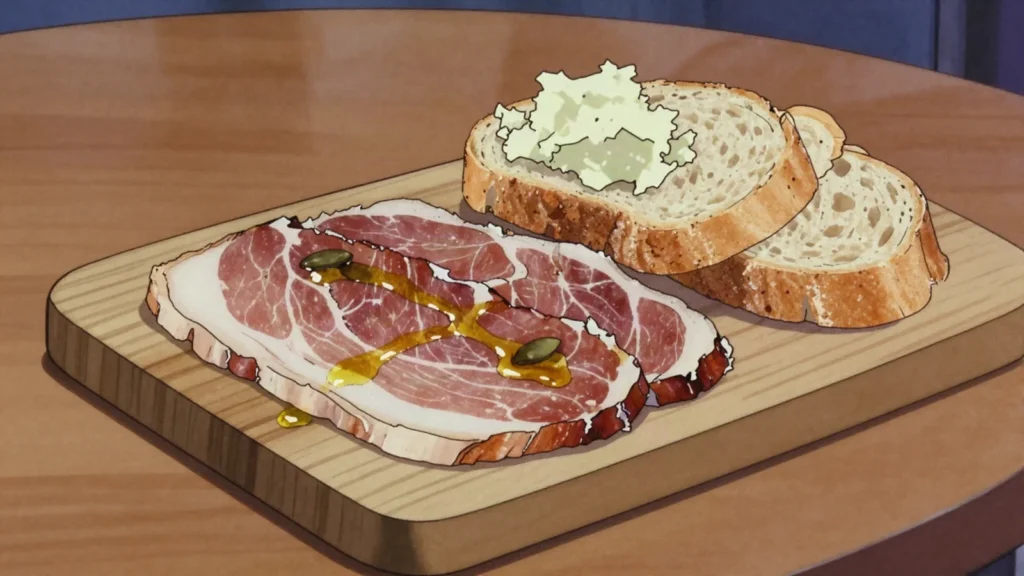 Prekmurska šunka, smoked, dry-cured pork leg from the Prekmurje plain, Slovenia charcuterie & cured, anime style