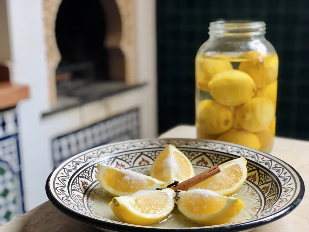 Preserved lemons, lemons packed in salt until the rind turns silky and intensely, Morocco fermented & pickled, anime style