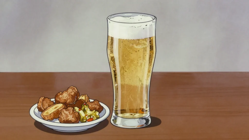 Prestige, pale lager drunk cold with griot and fried plantain, Haiti wine & spirit, anime style