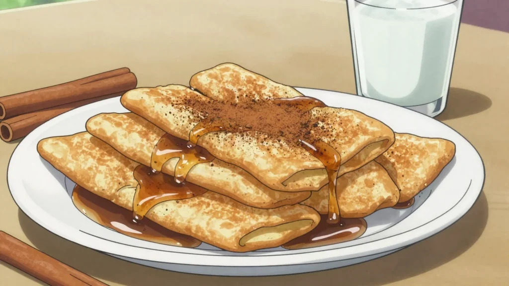 Prestiños, thin fried dough sheets folded and drenched in panela syrup, Costa Rica dessert, anime style