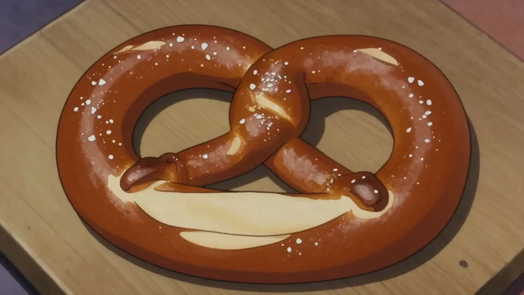 Pretzel, lye-glazed knotted bread with coarse salt, beer-garden essential, Germany bread & pastry, anime style