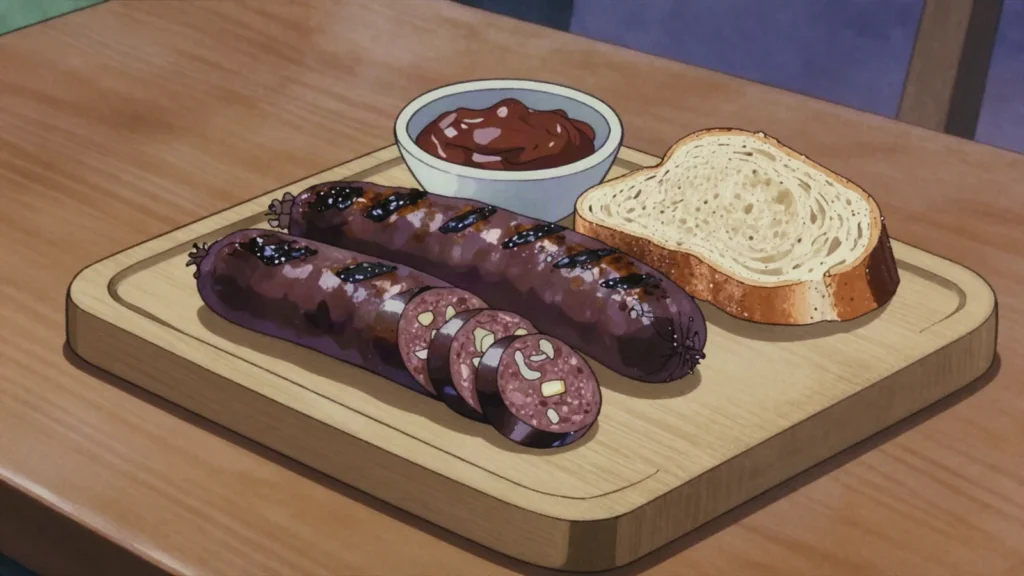 Prietas, blood sausage with onion and spices, grilled whole at the asado, Chile charcuterie & cured, anime style