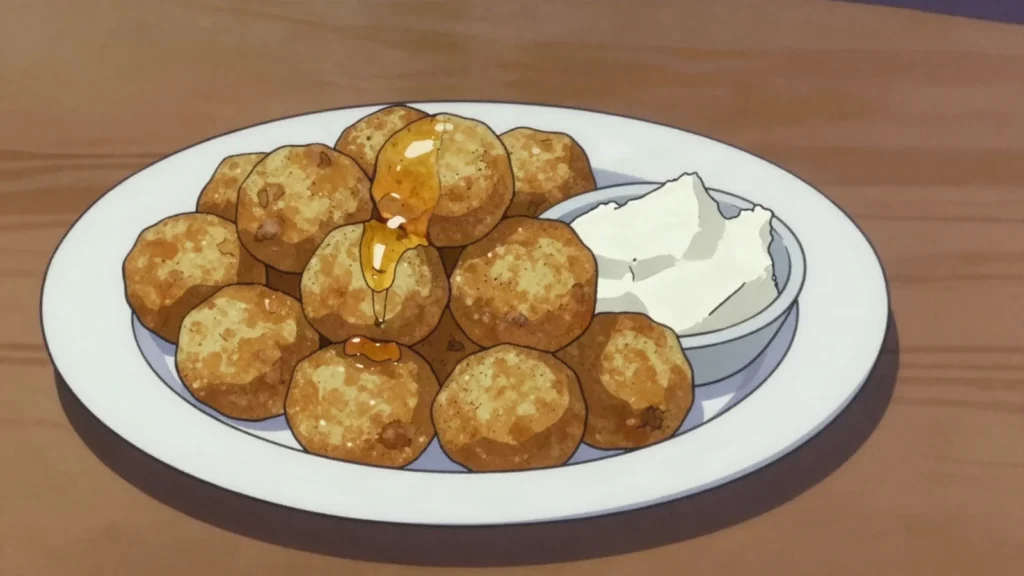 Priganice, fried dough puffs served with honey or cheese, Montenegro snack, anime style