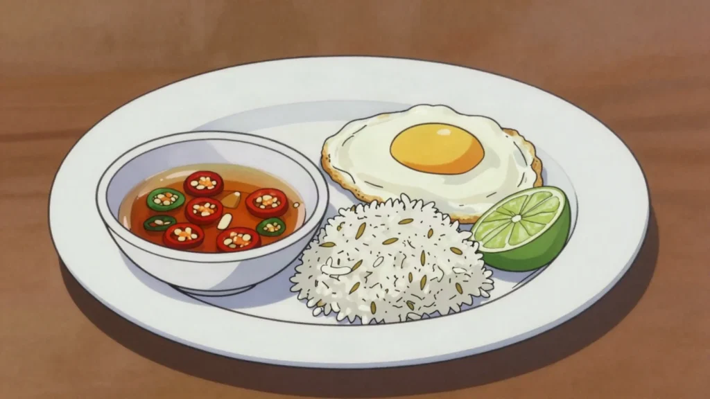 Prik Nam Pla, table condiment of fish sauce, bird's-eye chilies, garlic and lime, Thailand sauce & condiment, anime style