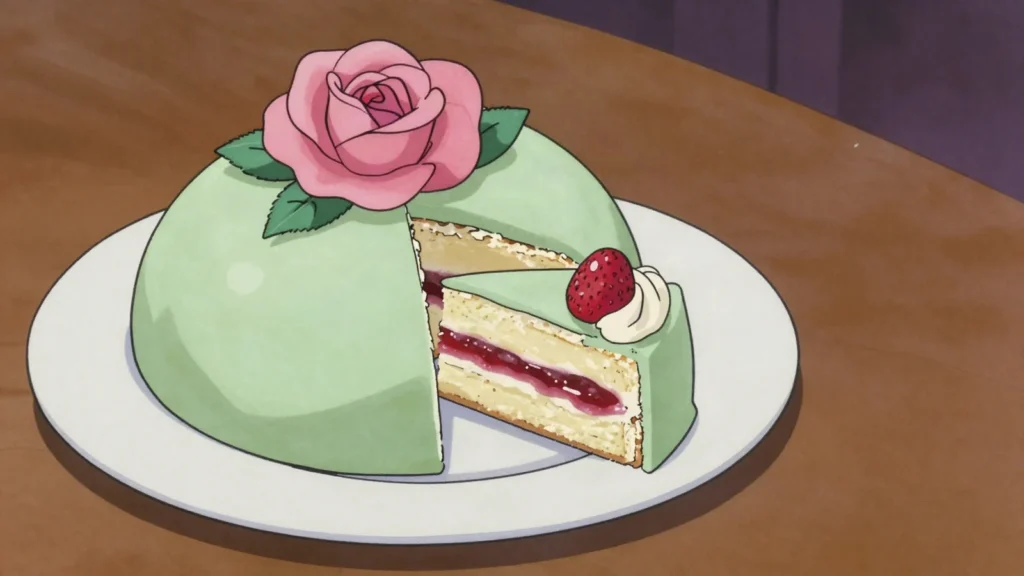 Princess cake, dome of sponge, cream, custard under green marzipan, Sweden dessert, anime style