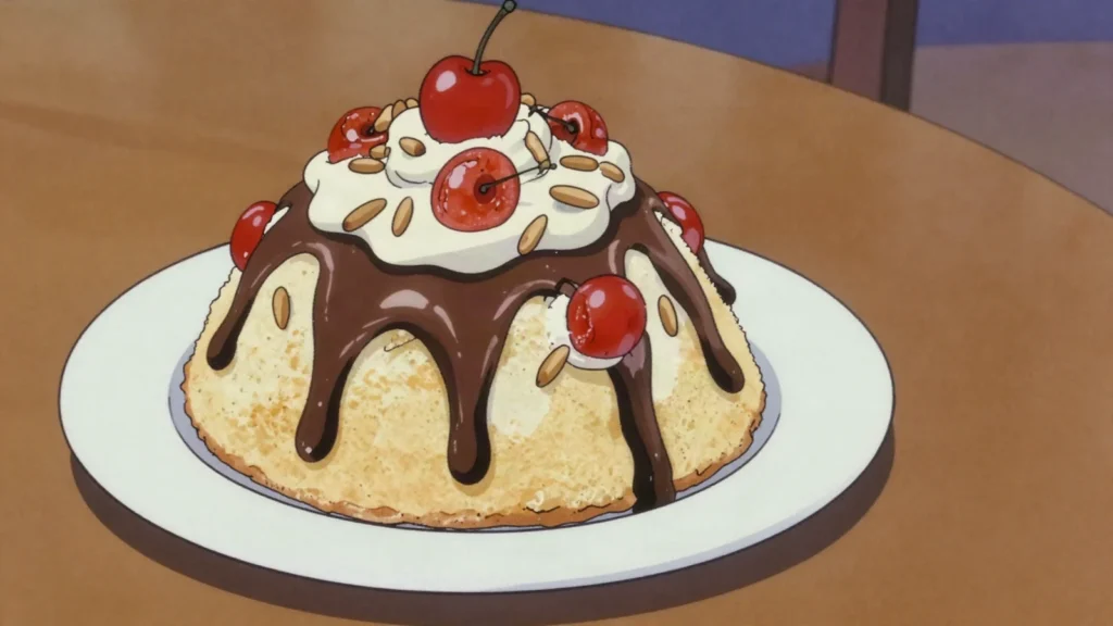 Prinjolata, dome of sponge, buttercream and pine nuts, streaked with chocolate, Malta dessert, anime style