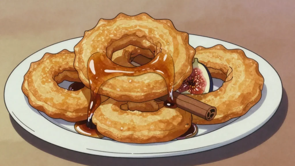 Pristiños, ribbon-edged fried dough rings soaked in panela and fig syrup, Ecuador dessert, anime style