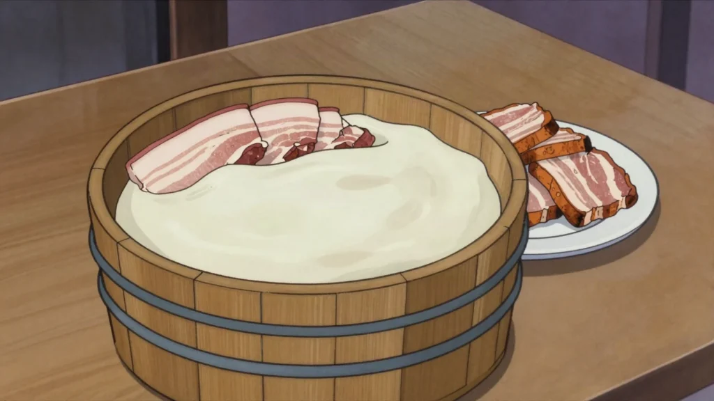 Prleška tünka, salted pork cuts preserved under melted lard in a wooden tub, Slovenia charcuterie & cured, anime style
