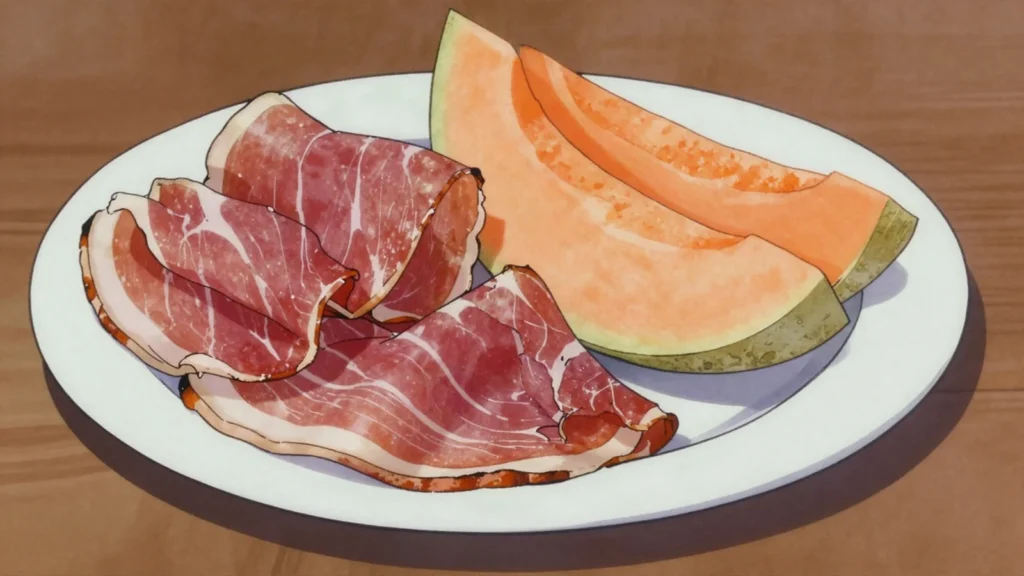 Prosciutto di Parma, sweet air-cured ham sliced paper-thin, Italy charcuterie & cured, anime style