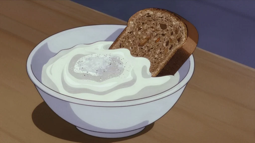 Prostokvasha, milk left to sour naturally into a thick clabber, eaten with sugar or, Russia fermented & pickled, anime style