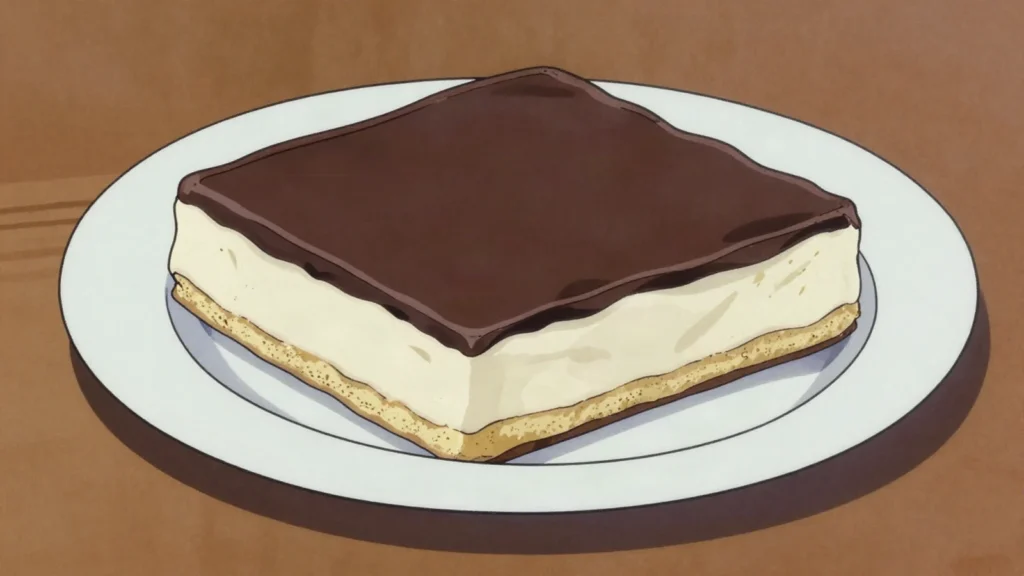 Ptichye moloko, soufflé-like marshmallow layer under dark chocolate, cut in squares, Russia dessert, anime style
