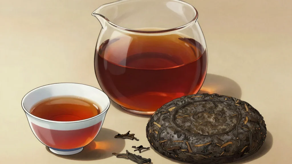 Pu-erh Tea, yunnan dark tea pressed into cakes and aged for years, earthy and mellow, China drink, anime style