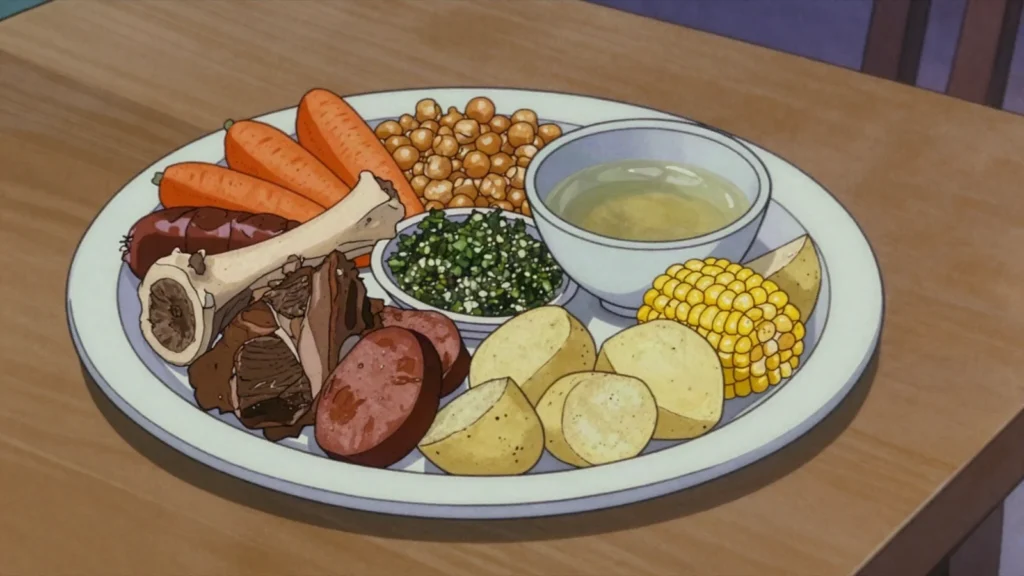 Puchero, beef, vegetables and chickpea boil, broth served first, Paraguay soup & stew, anime style