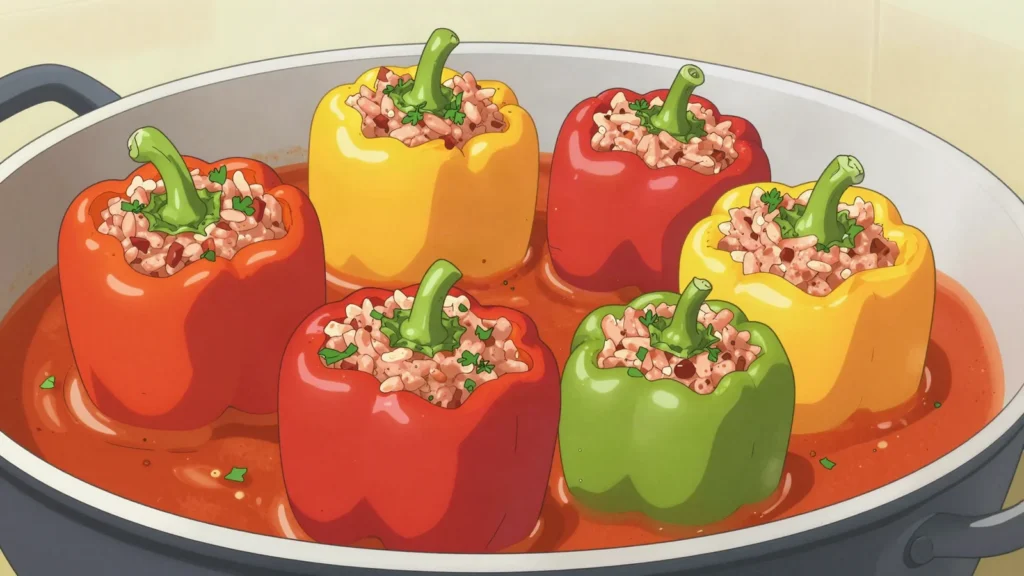 Punjene paprike, peppers stuffed with meat and rice in tomato sauce, Serbia main, anime style