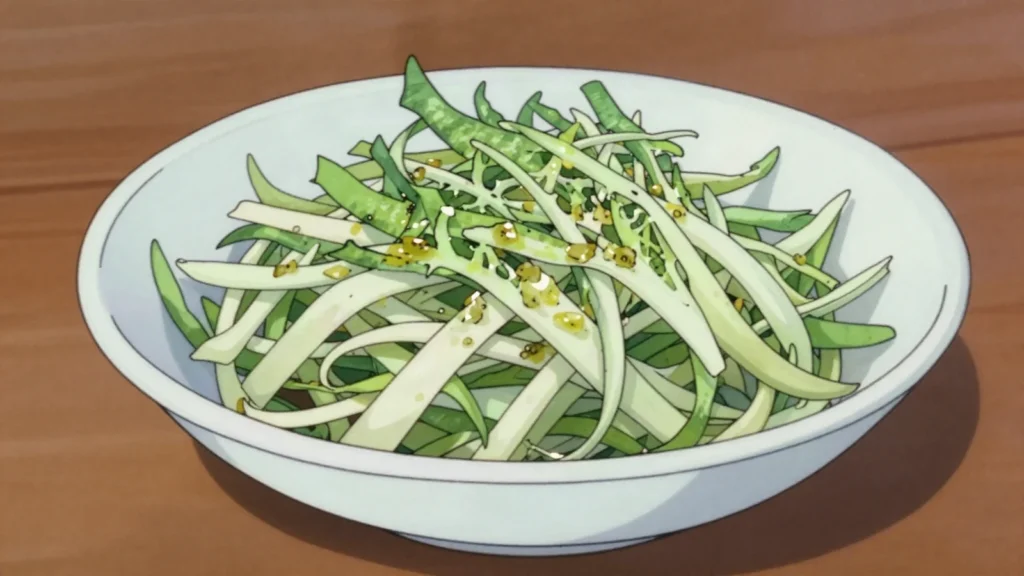 Puntarelle, curled chicory shoots in cold water, dressed with anchovy, garlic and, Vatican City salad & side, anime style