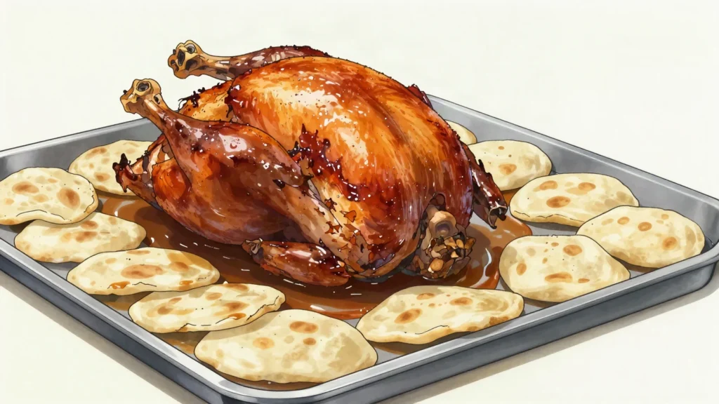 Purica s mlincima, roast turkey with mlinci, torn sheets of baked dough softened in juices, Croatia main, anime style