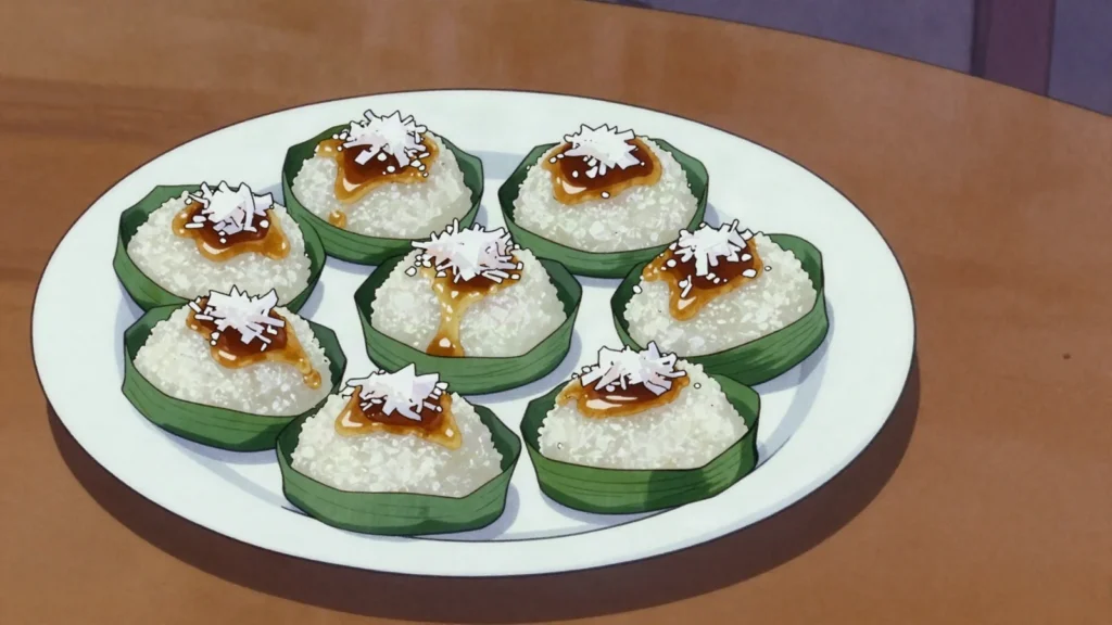 Putu Piring, steamed rice-flour discs filled with palm sugar, served on pandan with coconut, Singapore dessert, anime style