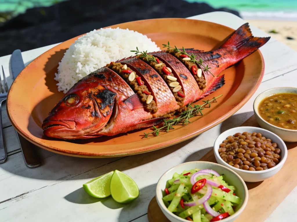 Pwason griye, grilled catch-of-the-day with garlic, ginger and chili baste, Seychelles main, anime style
