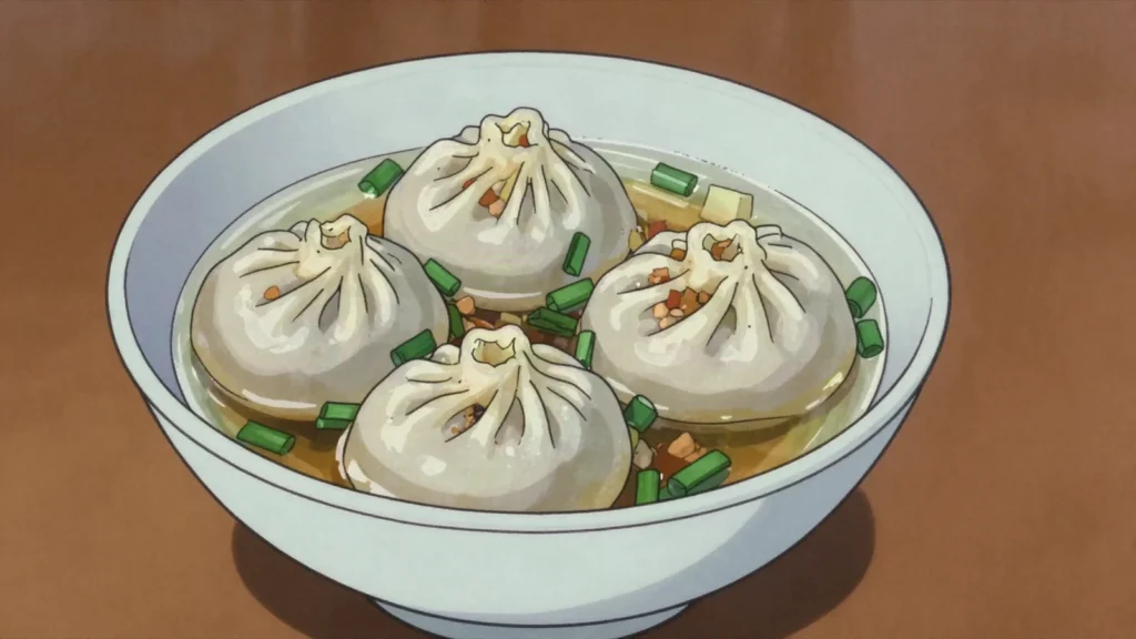 Pyongyang Mandu, big thin-skinned dumplings of pork, tofu and kimchi, steamed or in clear, North Korea main, anime style