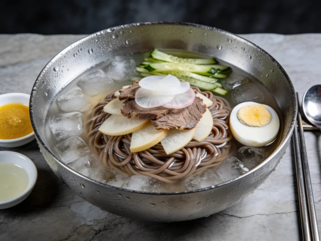 Pyongyang Naengmyeon, chewy buckwheat noodles in icy beef-radish broth, the capital's, North Korea main, anime style