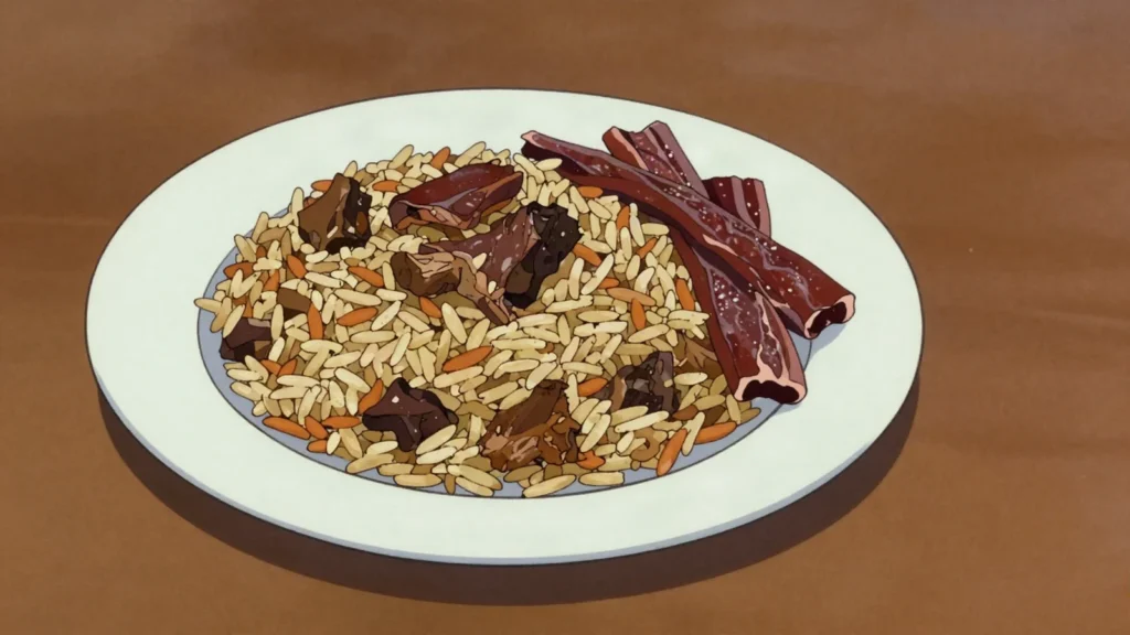 Qadeed, salted meat strips dried in the sun, later cooked with rice, Oman charcuterie & cured, anime style