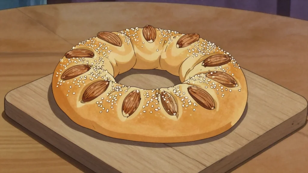 Qaghaq tal-Appostli, ring loaf crusted with almonds and sesame, eaten around Lent, Malta bread & pastry, anime style
