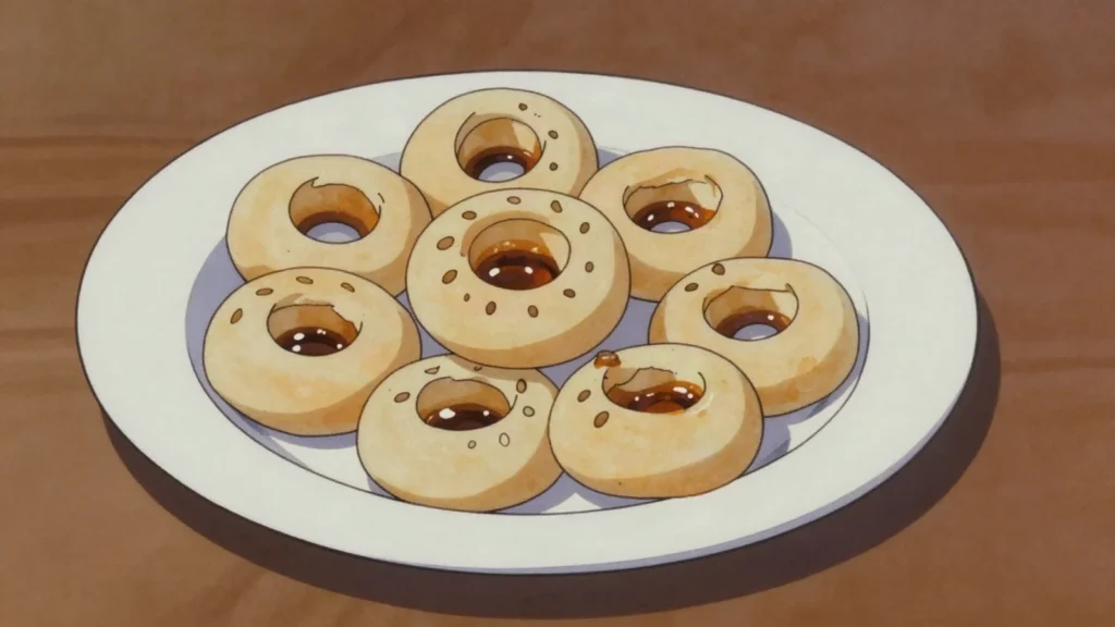 Qagħaq tal-għasel, honey rings filled with dark treacle, spices, Malta dessert, anime style