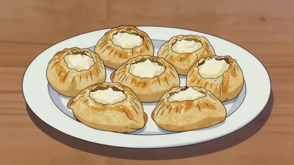 Qassatat, round open pastries filled with ricotta, peas or spinach and anchovy, Malta street food, anime style