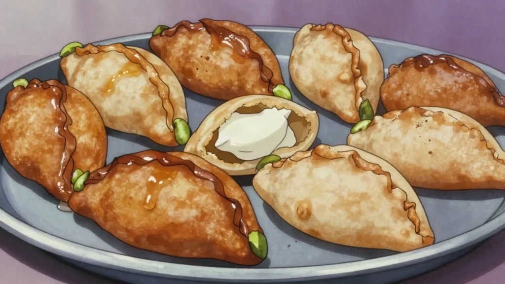 Qatayef, stuffed pancakes filled with nuts or cream, fried or served fresh in syrup, Egypt dessert, anime style
