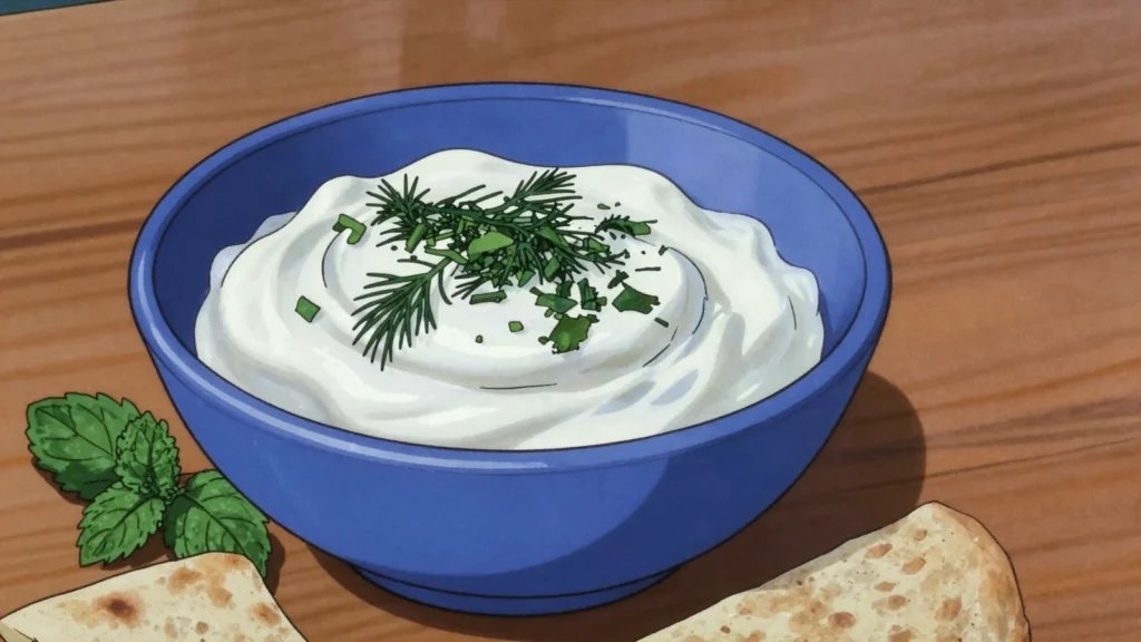 Qatiq, thick sour yoghurt eaten with herbs and stirred into soups and dough dishes, Azerbaijan cheese & dairy, anime style