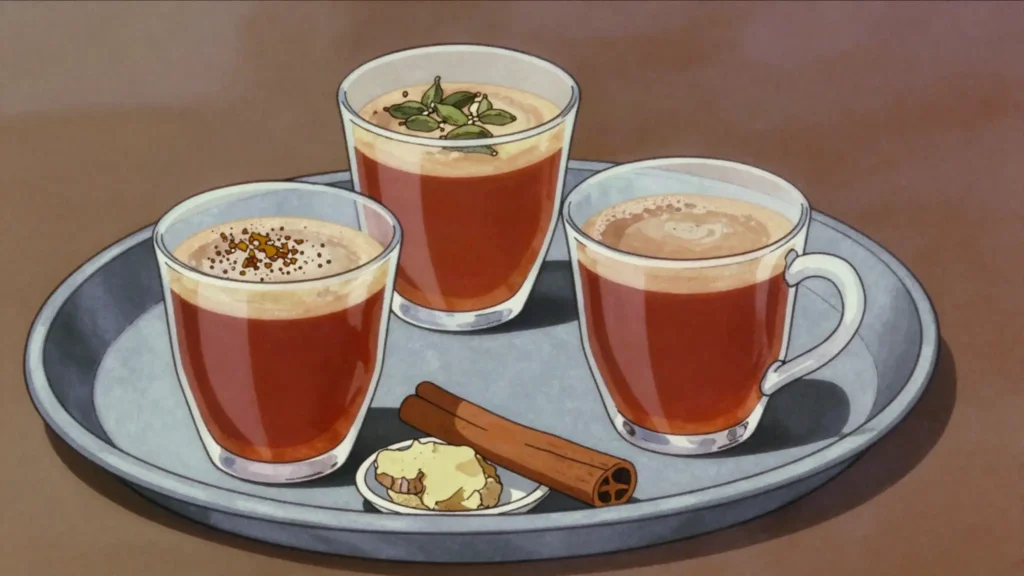 Qaxwo, coffee brewed with ginger and cardamom, poured sweet in small cups, Djibouti drink, anime style