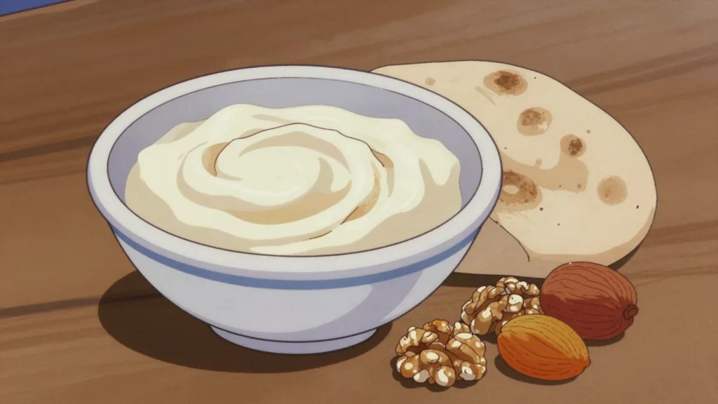 Qaymoq, thick clotted cream eaten at breakfast with hot bread, honey and tea, Tajikistan cheese & dairy, anime style