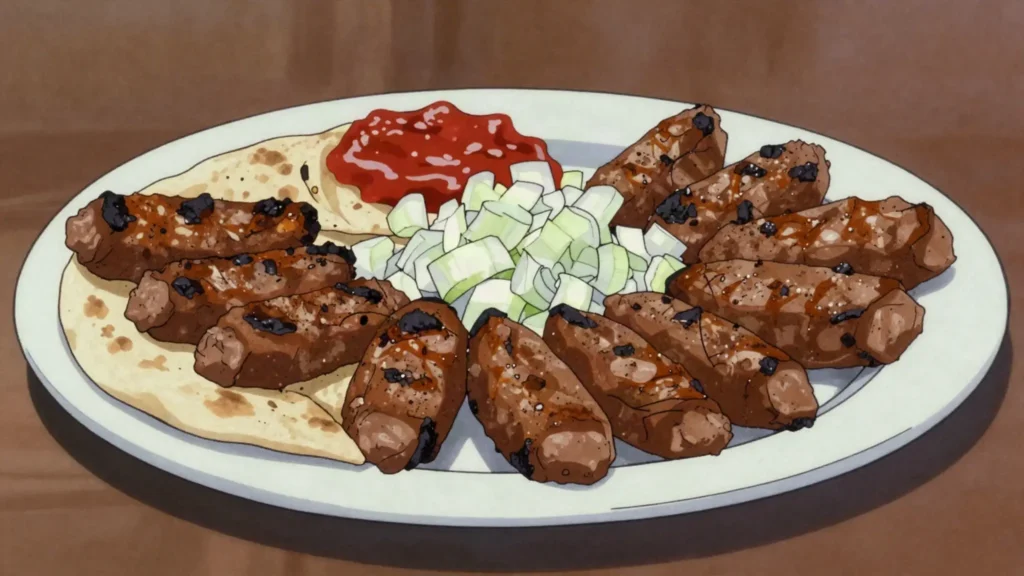 Qebapa, grilled minced-meat fingers with flatbread and onion, Kosovo main, anime style