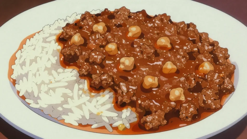 Qeema, minced meat and chickpea stew ladled over plain rice, Iraq soup & stew, anime style