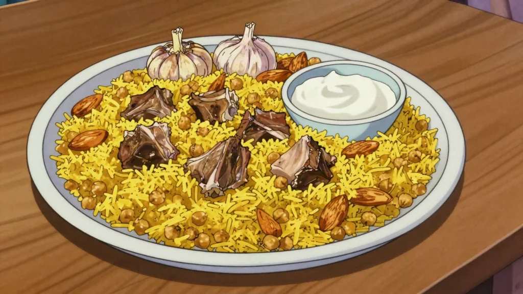 Qidreh, hebron rice and lamb with whole garlic, baked in copper pots, Palestine main, anime style