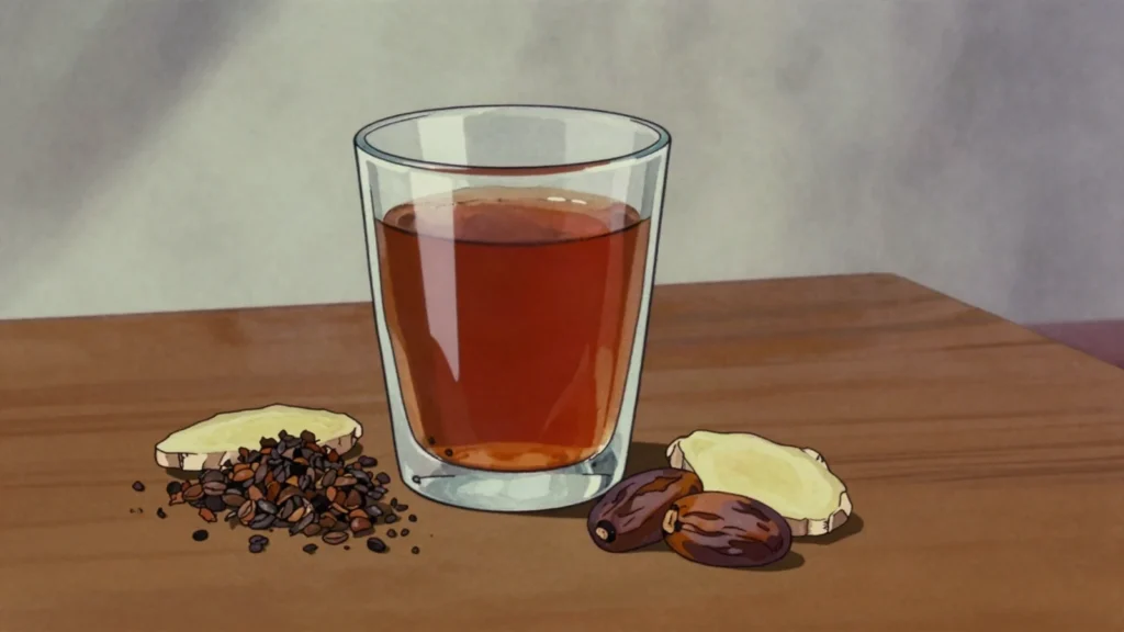 Qishr, spiced coffee-husk infusion with ginger; homeland of coffee, Yemen drink, anime style