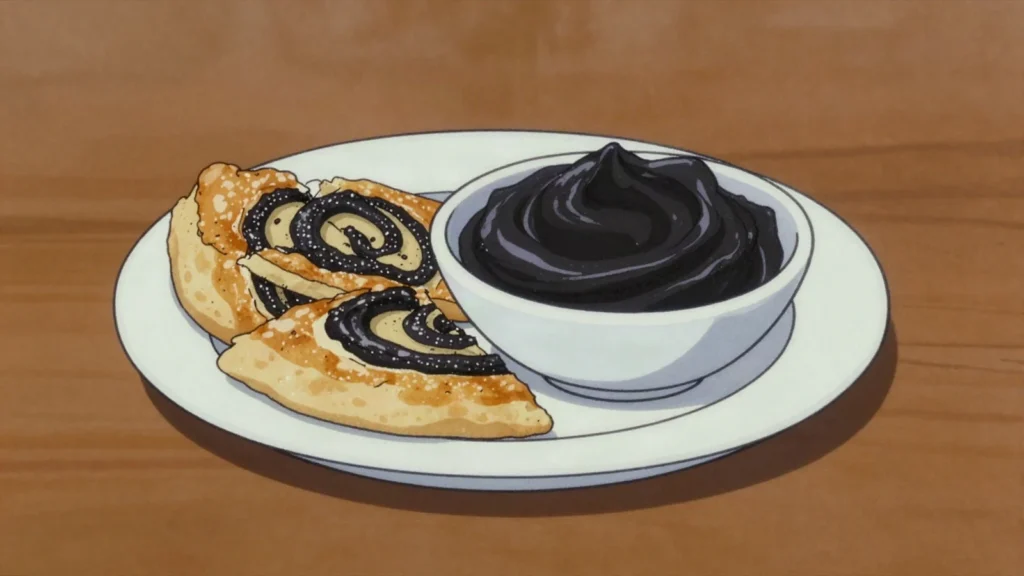 Qizha, black nigella seed paste, dark and bitter, spread in festive pastries, Palestine sauce & condiment, anime style