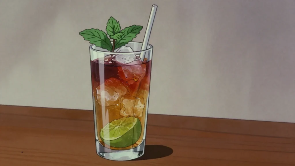 Queen's Park Swizzle, rum, lime, sugar and mint swizzled over crushed ice, dashed, Trinidad and Tobago cocktail, anime style