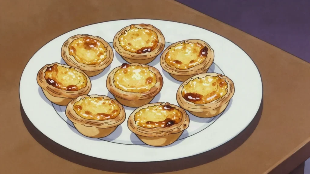 Queijadas de Sintra, tiny crisp-shelled tarts of fresh cheese, sugar and cinnamon, Portugal bread & pastry, anime style