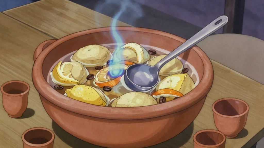 Queimada, galician orujo burned with sugar, coffee beans and lemon peel while a spell is read, Spain cocktail, anime style