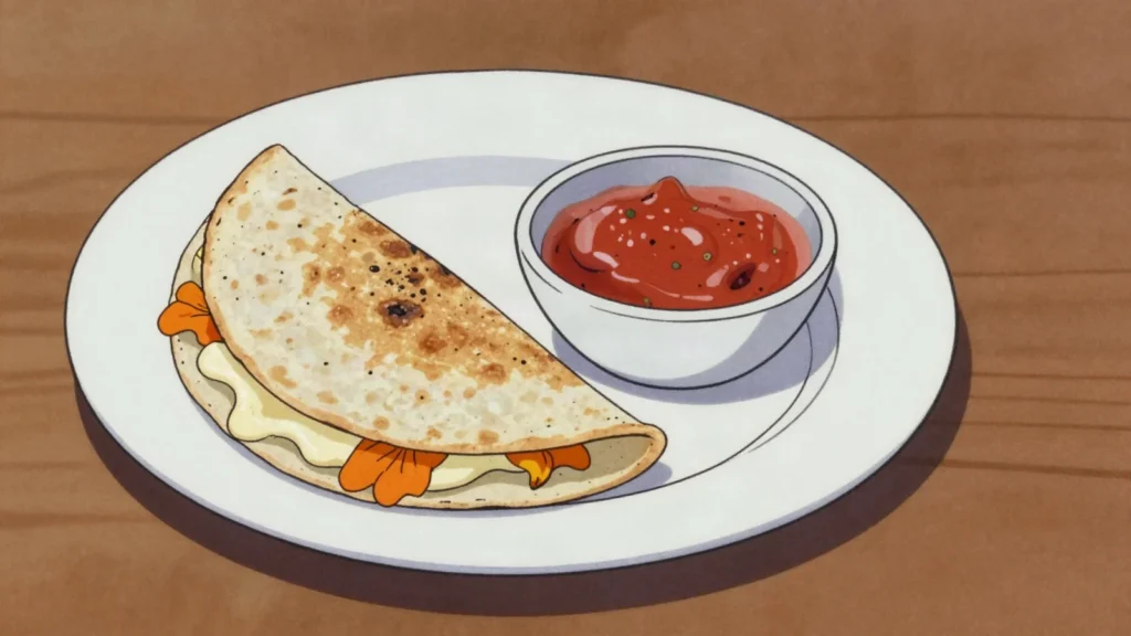 Quesadilla, folded tortilla griddled with melting cheese and fillings, Mexico snack, anime style