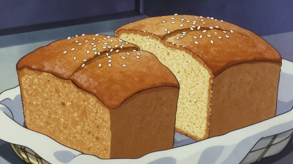 Quesadilla salvadoreña, sweet cheese pound cake sprinkled with sesame, El Salvador bread & pastry, anime style