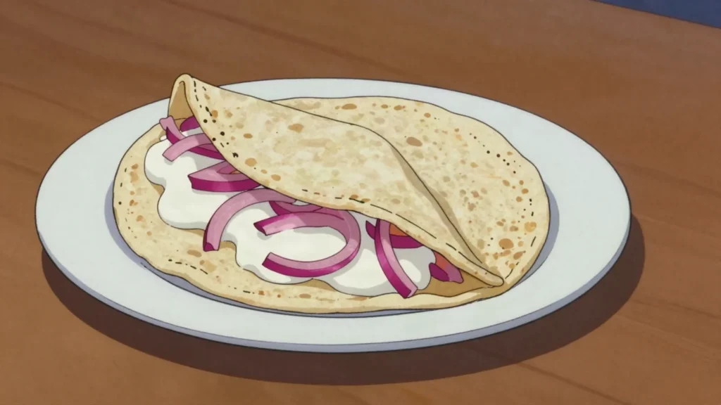 Quesillo, soft cheese and pickled onion in a tortilla with cream, Nicaragua street food, anime style